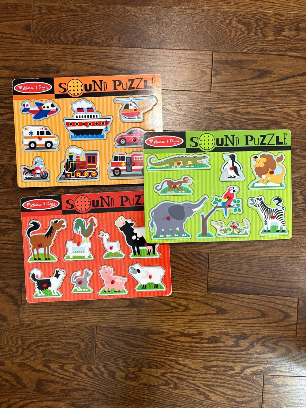 Three Melissa & Doug Sound Puzzles Farm Animals/Zoo Animals/Vehicles